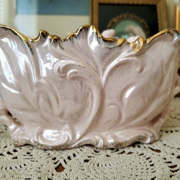 Vintage MCM Betson Pottery Hand Painted Planter & Taper Candle Holders Pink/Gold - Picture 7 of 16